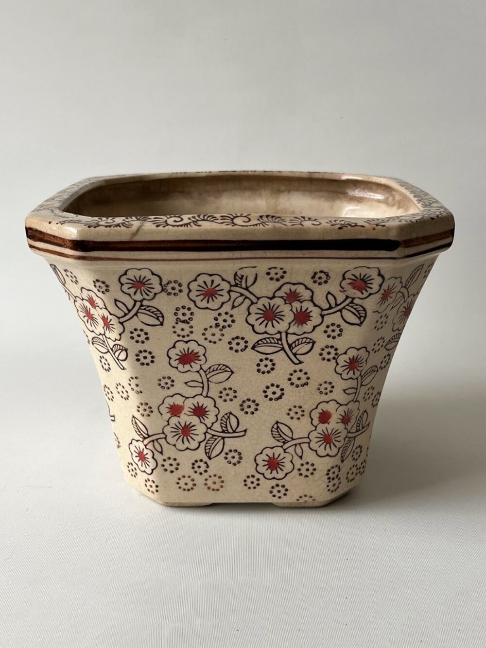 Vintage Floral Glazed Ceramic Planter Square Cream Brown Red Flowers